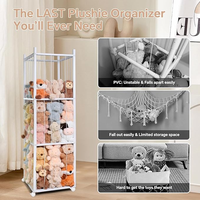 BENCHRY Stuffed Animal Storage Kids, Wood Stuffed Animal Zoo Storage with Brake Wheels, Stuffed Animal Organizer with Elastic Cords for Kids, Perfect for Nursery Playroom Kidroom Bedroom - White