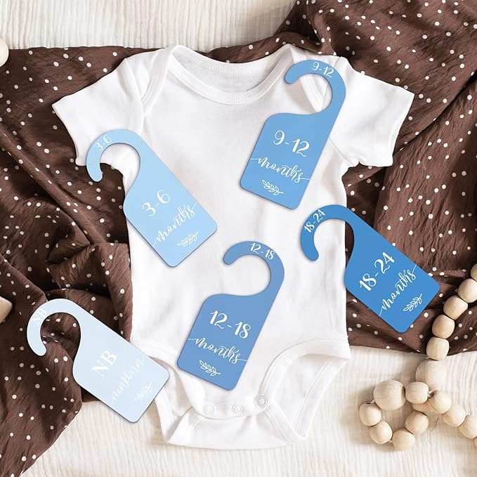 Whaline 7Pcs Blue Wood Baby Closet Size Dividers with Velvet Bag Newborn to 24 Month Thicken Infant Wardrobe Hanger Organizers for Home Nursery Party Favors Supplies