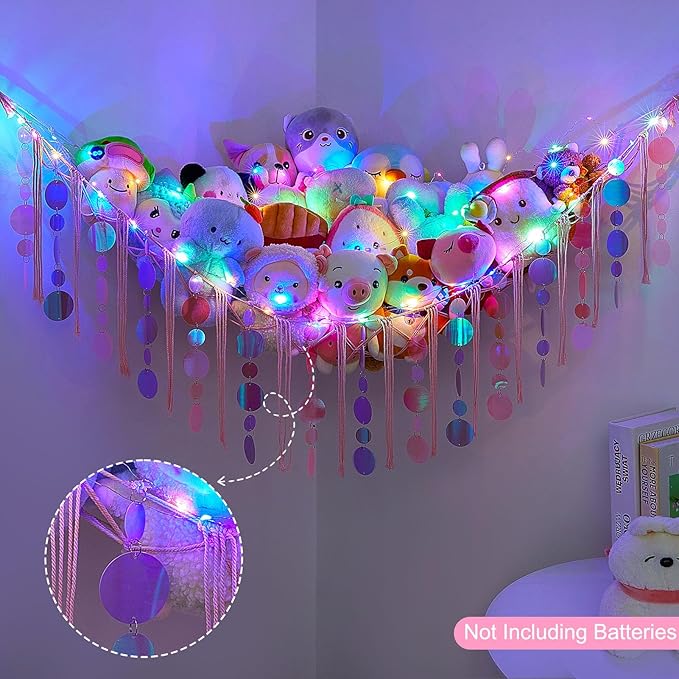 FIOBEE Stuffed Animals Hammock Net Toy Storage Organizer with LED Light, Stuffed Animals Storage Girls Room Décor Wall Hanging with Sequins for Kids Bedroom Nursery Playroom, Light Pink