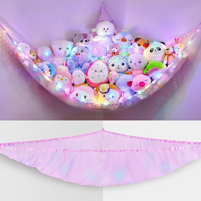 Unicorn Castle Stuffed Animals Net or Hammock Kids Toy Storage Organizer with LED Light Hanging Corner Stuffed Animals Holder Kids Girls Room Decor,Pale-Pink,Large (Pack of 1)
