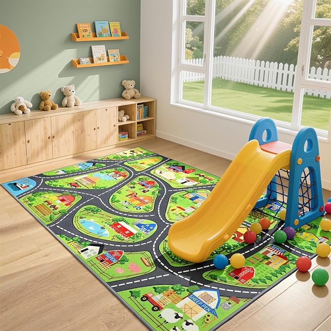 Farmyard Adventure Play Rugs, Educational and Fun Farm Play Mat for Kids, 8x10ft Non-Slip Playmat with Barns, Animals & Crops for Imaginative Play, Nursery, Playroom and Classroom