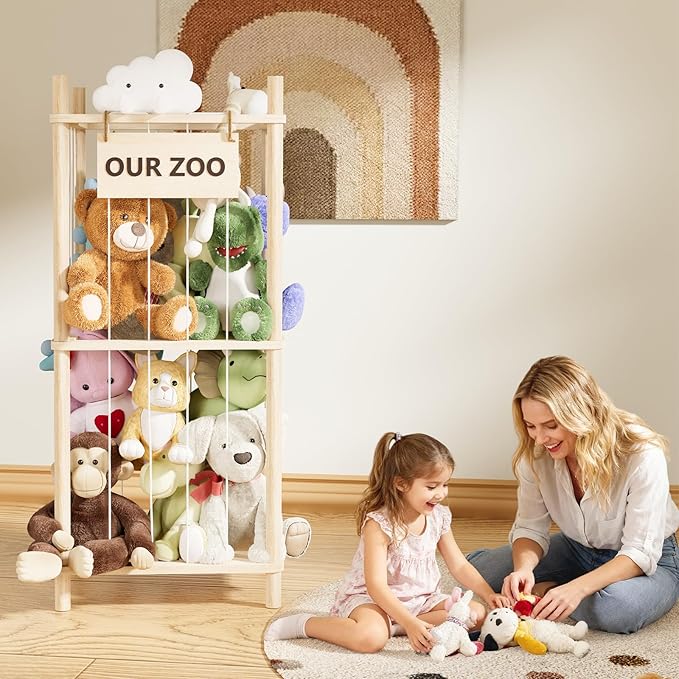 Dayacoco Stuffed Animal Storage, 2 Layer Wood Stuffed Animal Organizer Zoo, Toy Stuffy Storage Bin with Elastic Band and Net for Nursery Play Room Bedroom (Pine Wood)
