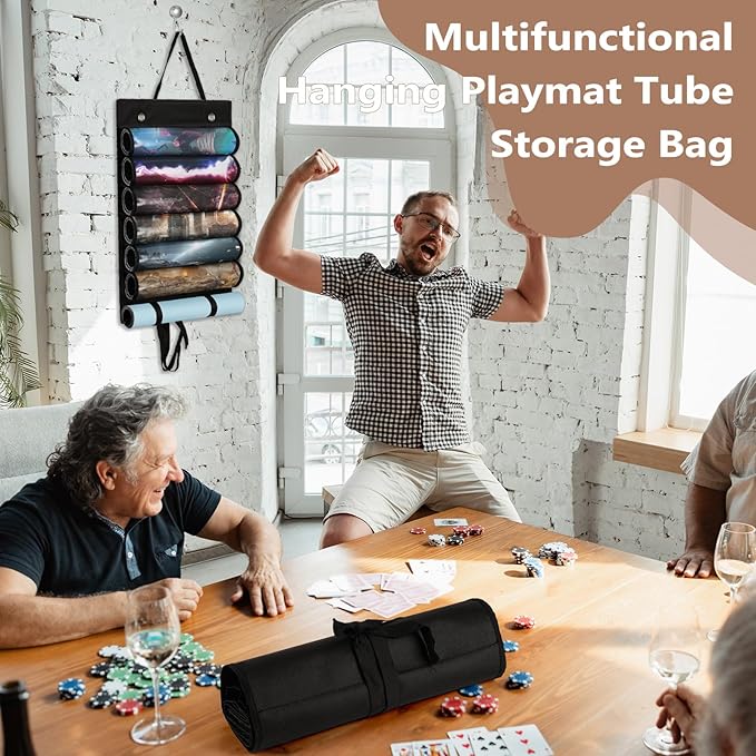 Playmats Tube Storage Bag for 6+1 Game Mats – Portable Playmats Case with Transparent PVC Slots，Hanging Playmats Holder with 2 Hooks