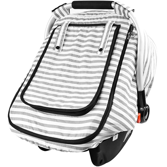 Car Seat Covers for Babies,Baby Car Seat Cover for Boys Girls,Windproof Infant Carseat Cover,Kick-Proof Car Seat Canopy with Breathable Mesh Peep Window,Stripe Print,Summer Lightweight