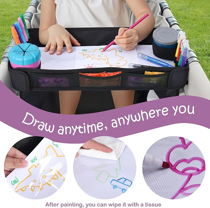 Babenest Stroller Snack Tray for Wonderfold Wagon W4, Foldable Thickened Snack Tray with Cup Holder, Storage Mesh Bag & Pen Slot, Easy to Clean Snack Board for Drawing