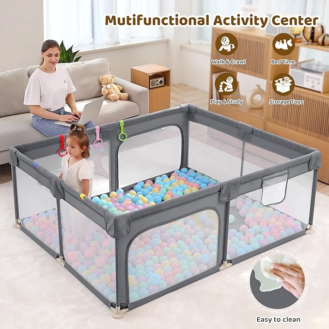 Dripex Large Baby Playpen 71×59 Inch, Large Playpen for Babies and Toddlers- Indoor & Outdoor Kids Safe Play Yard, Soft Breathable Visible Mesh, Anti-Fall & Anti-Slip Design Baby Fence, Light Grey