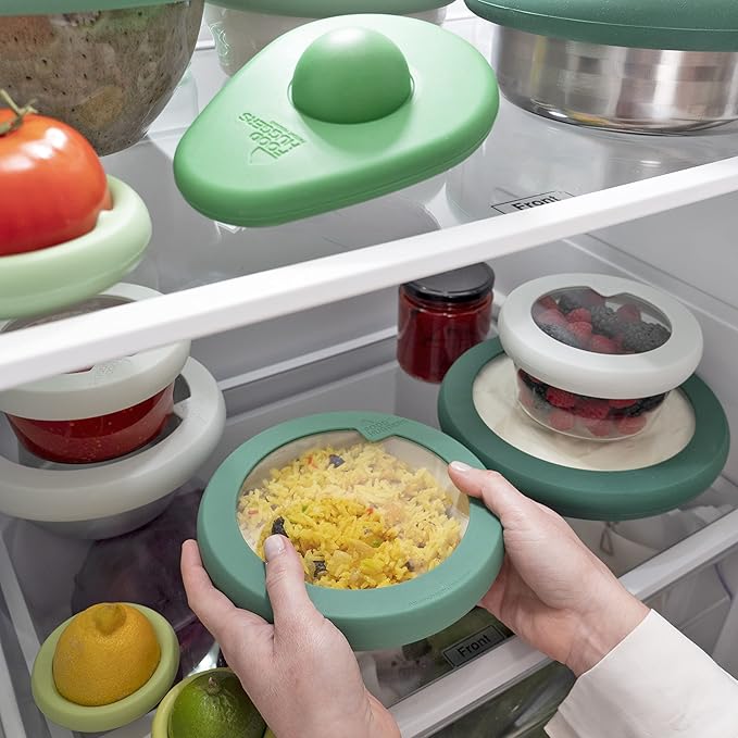 Food Huggers Replacement Lids for Glass Storage Containers | Silicone & Glass Lids that Don’t Crack | Fits Most Round Container Brands & Bowls | 100% Plastic Free | 2 Lid Set (S,M), Gradual Green