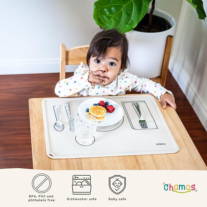 CHAMOS Montessori Placemat for Toddlers - Kids Silicone Mats for Dining Table - Set of 2 - Table Setting Learning (Sapphire and Beige)