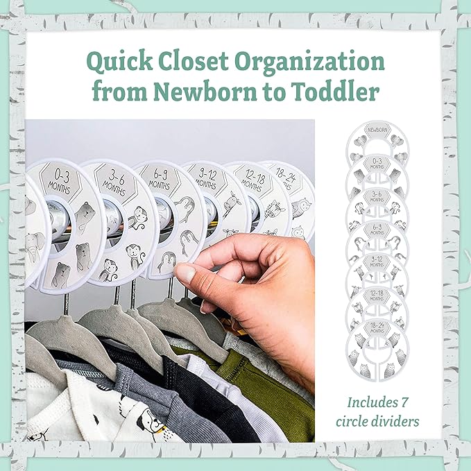Baby Nest Designs Closet Dividers - 7x Baby Clothes Size Dividers, Newborn to 24 Months, Grey Animals Nursery Closet Organizer