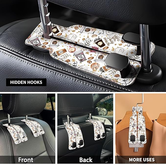 NUGGHU Car Seat Headrest Hook, Universal Leather Cute Hanger Holder Hook, Storage Organizer Interior Accessories for Purse Bags Handbag Funny Coffee Pattern