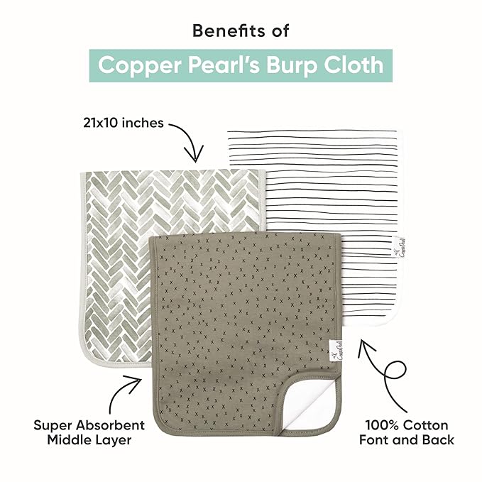 Copper Pearl Premium Baby Burp Cloths - 3-Pack Large Cotton Burp Cloths, Extra Soft Spit Up Rags with 3 Absorbent Layers, Perfect for Baby Boy and Baby Girl Gifts (21" x 10" Size, Farmstead Set)