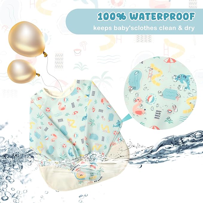 Little Dimsum Mess-Proof Baby Bibs|Infant Toddler Long Sleeve Waterproof Feeding Smock|Catching Food & Wipe Clean