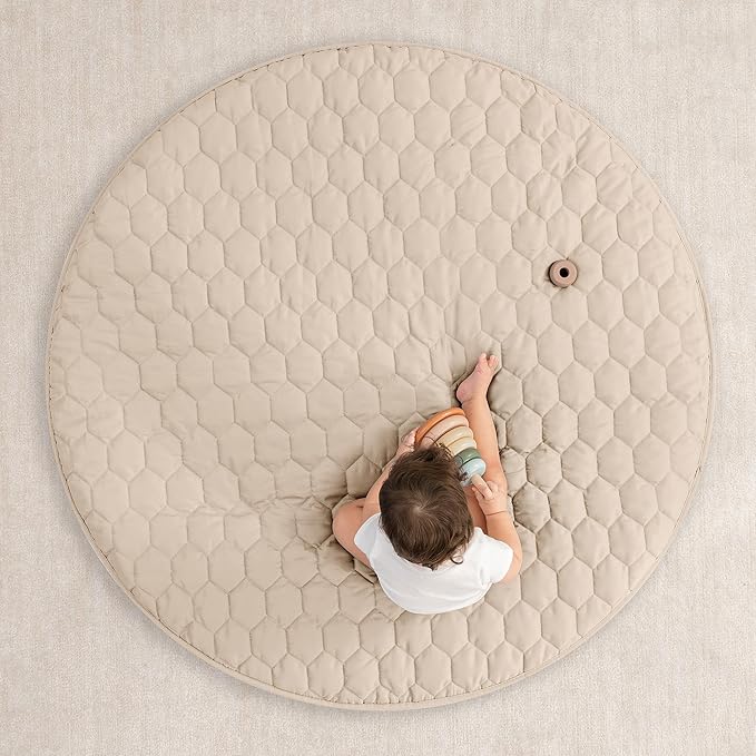 Comfy Cubs Round Kids Play Mat - Medium 48 inches Soft Quilted Baby Floor Mat with Non-Slip Bottom - Plush Design for Toddlers' Playtime - Comfortable and Durable - Sand