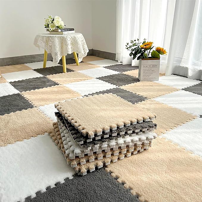 12 Pcs Plush Interlocking Carpet Tiles, Non-Toxic Foam Carpet Tiles for Toddler Baby, Anti-Slip, EVA Foam Interlocking Tiles for Floor, Nursery, Grey White Light Brown