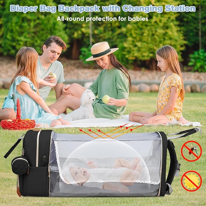 JSTPRO Diaper Bag Backpack, Large Diaper Bag with Changing Station, Baby Bag, New Mom Gifts, Lightweight Waterproof Unisex Diaper Bag with Insulated Pockets and USB Charging Port, Black