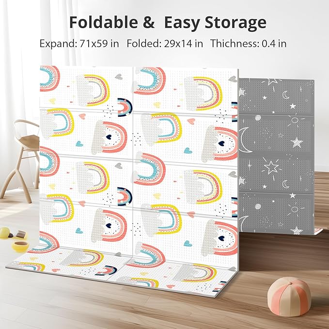 71x59 Foldable Baby Play Mat, Foam and Waterproof Playmat for Floor, Babies Activity Tummy Time Playmats, Portable & Anti-Slip Crawling Mats, Reversible Floor Mat for Kids, Infant, Toddler(Rainbow)