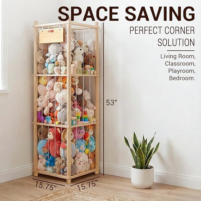 KiddoCood Kids CPC & TIC Certified Stuffed Animal Storage - 3-Tier Large Natural Solid Wood Plush Toy Organizer & Holder, Corner Solution for Playroom & Nursery, BPA-Free & Zero Glue