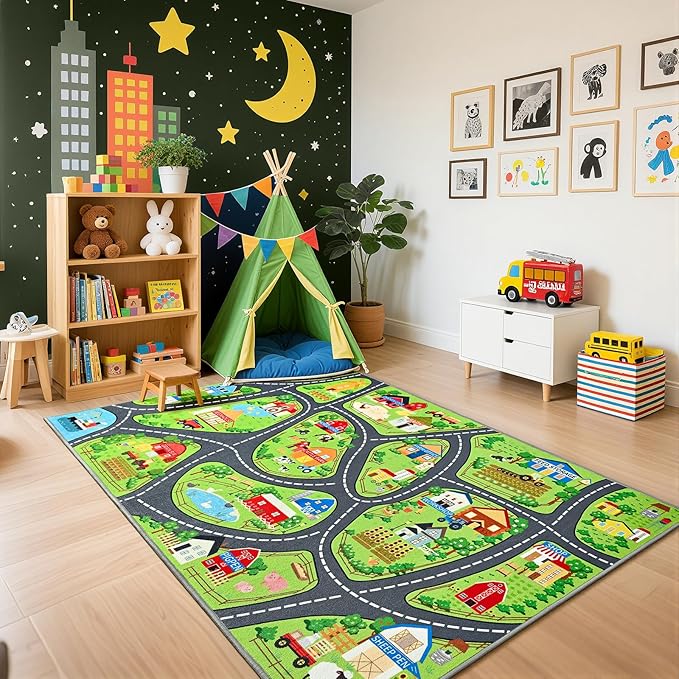 Farmyard Adventure Play Rugs, Educational and Fun Farm Play Mat for Kids, 4x6ft Non-Slip Playmat with Barns, Animals & Crops for Imaginative Play, Nursery, Playroom and Classroom