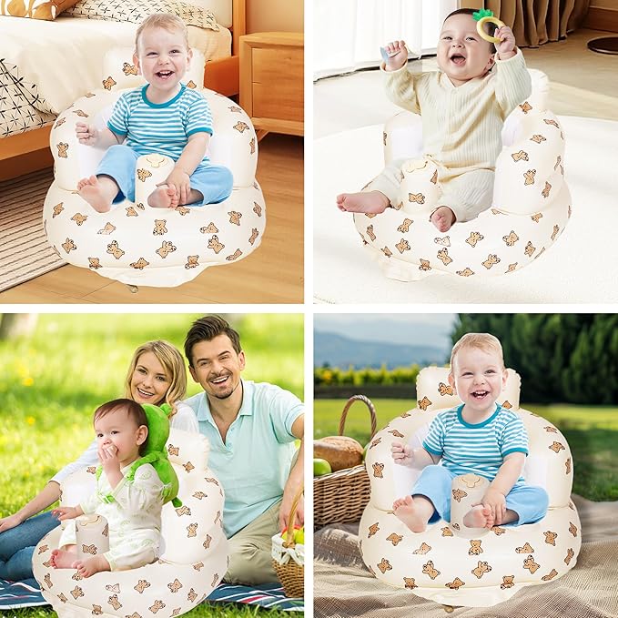 Inflatable Baby Seat Blow up Chair Inflatable Infant Chair for Babies 3-36 Months Learn to Sit up Floor Seat Bliss Built in Air Pump Brown Bear