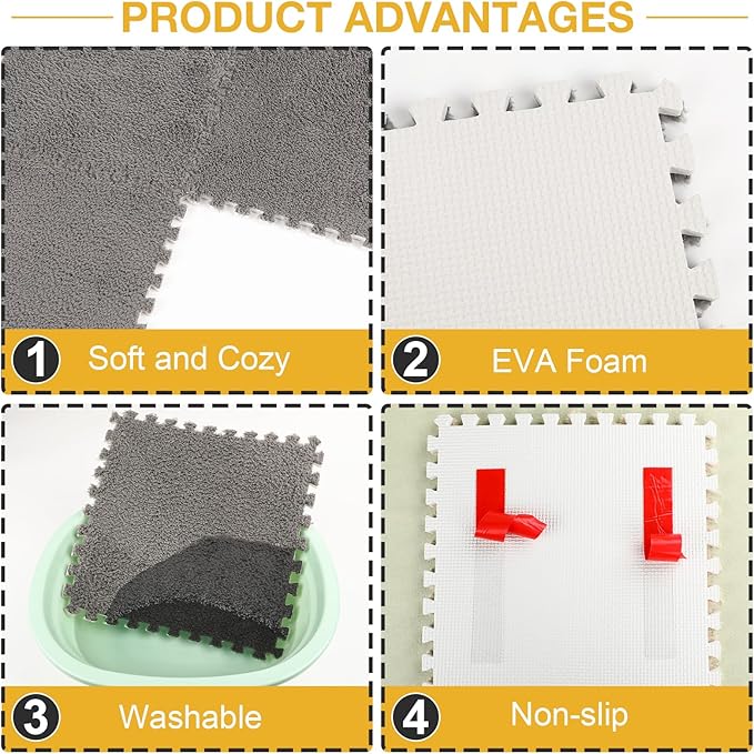 12 Pcs Plush Interlocking Carpet Tiles, Non-Toxic Foam Carpet Tiles for Toddler Baby, Anti-Slip, EVA Foam Interlocking Tiles for Floor, Nursery, Playroom, Grey White Black