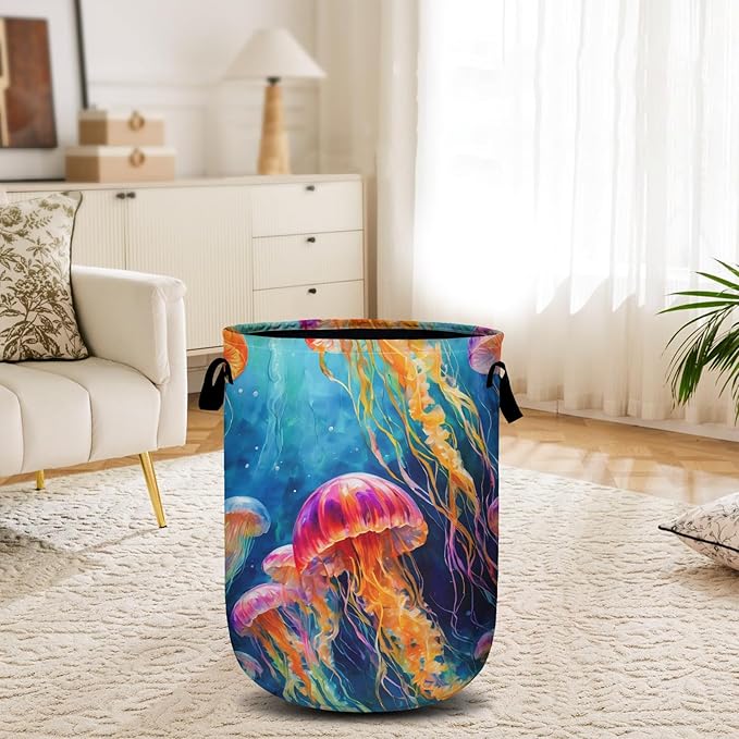 Colorful Jellyfish Ocean Laundry Basket, Laundry Hamper Collapsible Oxford Cloth with Handle Clothes Toy Storage Bin for Bathroom Laundry Room Bedroom 15.7 X 20 Inch