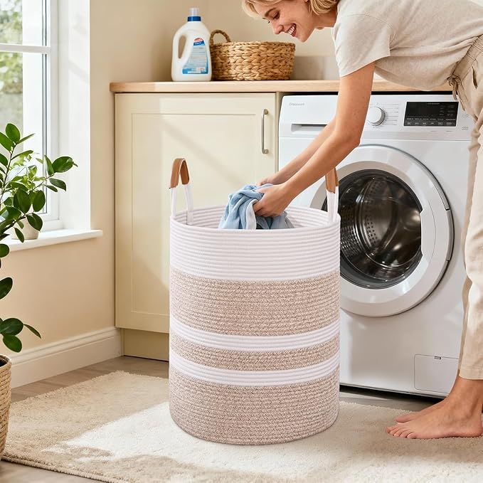 Degeyoyo 75L Striped Laundry Basket, Brown Laundry Hamper with Leather Handles, Woven Cotton Rope Storage Bin for Blankets, Nursery Hamper for Clothes, Toys In Bathroom, Livingroom, Bedroom