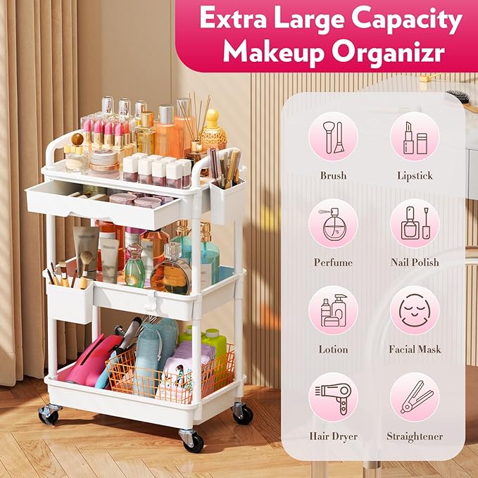 Makeup Cart Organizer with Drawers, Floor Skincare Organizers Vanity Storage Organizer, Rolling Makeup Bathroom Storage Cart Cosmetics Display Cases for Skin Care Perfume Nail Polish, White