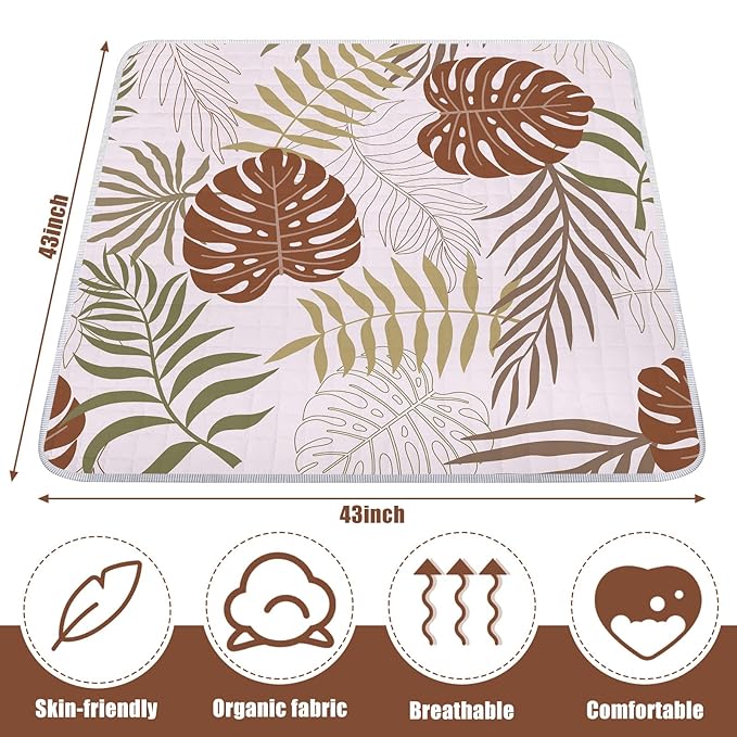 Funtery 43 x 43 Inch Boho Baby Play Mat Portable Crawling Washable Foldable Tummy Time Non Slip Baby Floor Large Playpen Mat for Infants Toddlers Floor Playpen Activity(Plant Theme)