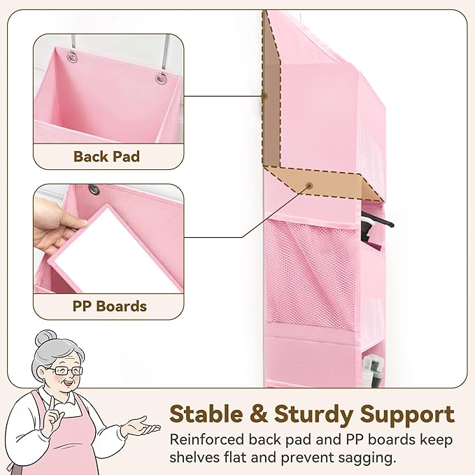 GRANNY SAYS Over The Door Organizer, 4-Shelf Behind The Door Storage with 6 Pockets, Waterproof 300D Oxford Fabric Hanging Organizer, Anti Tilt 35lb Load Shelf for Nursery, Kids Room, Bedroom, Pink