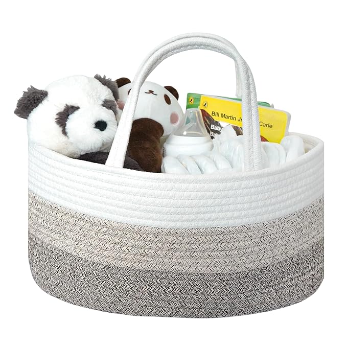luxury little Diaper Caddy Organizer, Large Cotton Rope Nursery Baby Basket, Changing Table Organizer for Baby Diaper Storage, Portable Car Organizer Removable Divider (Gradient Brown, Large)