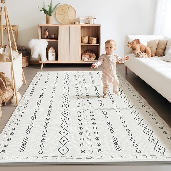 Foam Baby Play Mat, PIGLOG 72"x 48" Baby Crawling Mat for Kids for Babies with Interlocking Floor Tiles, Toddler Playmat for Indoor and Outdoor, Easy to Clean Playroom Floor Mats, Bohemian Lines