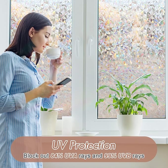 Haton Window Privacy Film, Stained Glass Rainbow Film Decorative Window Clings, Static Cling Sun Blocking Stickers Decals Coverings Tint for Home Heat Control, Non-Adhesive 17.5" x 78.7"