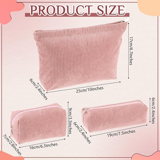 3 Pcs Makeup Bag Set for Women Corduroy Cosmetic Pouch Aesthetic Smile Travel Toiletry Bag Cute Purse Pouch Pencil Case Makeup Brushes Storage Organizer with Zipper(Pink,Solid Style)
