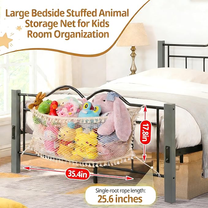 Stuffed Animal Storage Net, Large Bedside Toy Organizer Net, Cotton Plushie Toy Storage Hammock with Tether for Stuffed Animals Playroom Organization