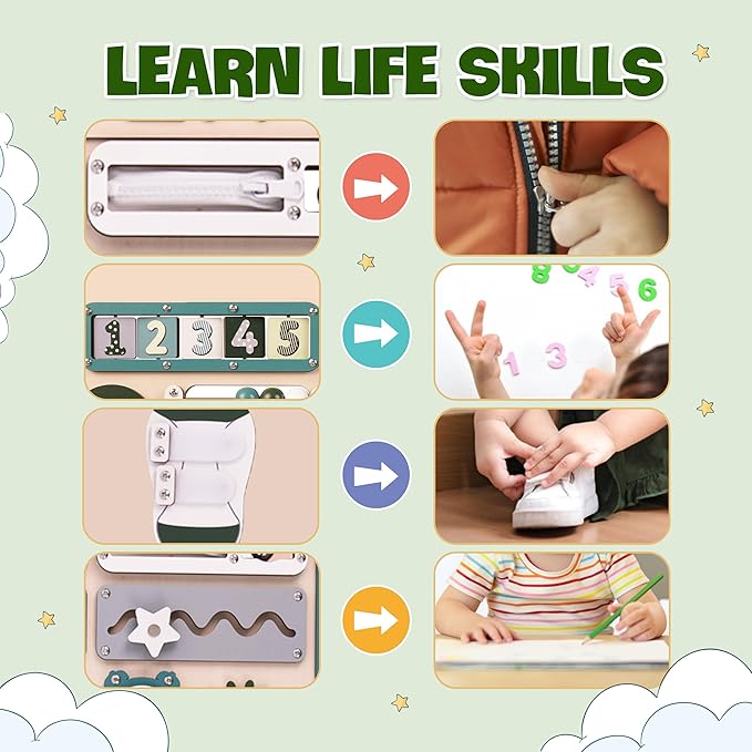KALOTOYS Busy Board Bear for Toddlers Wooden Montessori Toys, Wooden Controller Sensory Toy for Autistic Children & ADHD Sensory Board for Education & Learning Green