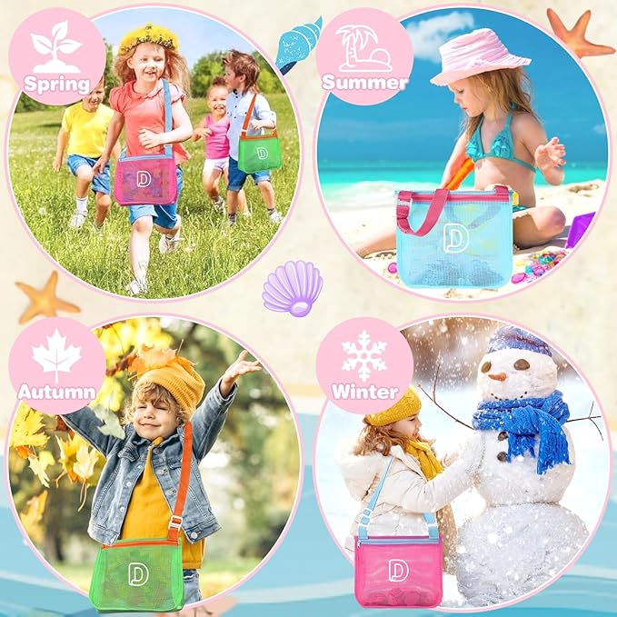 3Pcs Personalized Kids Beach Shell Bag, Initial Seashell Mesh Zipper Beach Pouch, Shell Collecting Bag for Holding Shells with Adjustable Straps, Sand Toys Swim Pouch Gift for Girl Boy Teens(Letter D)