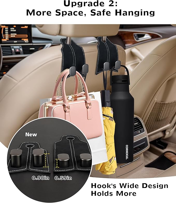 Purse Hook for Car, Car Hooks for Seat Headrest Metal & Premium Leather 2026 Latest, Auto Headrest Hanger Organizer Accessories for Purses and Bags, 2 Pack Black