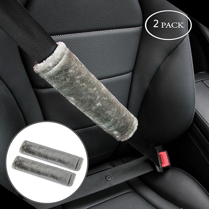 Amooca Soft Faux Fur Universal Fit Seatbelt Cover Car Truck SUV Airplane Seat Belt Shoulder Pad for Carmera Backpack Straps Neck Cushion Protector 2 Pack 10.5in Brown Gray