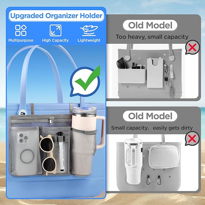 OUTXE Organizer Holder for Bogg Simple Modern Bag Accessories, Cup Phone Holder compatible with Stanley, Storage Mesh Divider Organizing Insert Pouch for XL Bog Beach Rubber Tote Bag, Gray