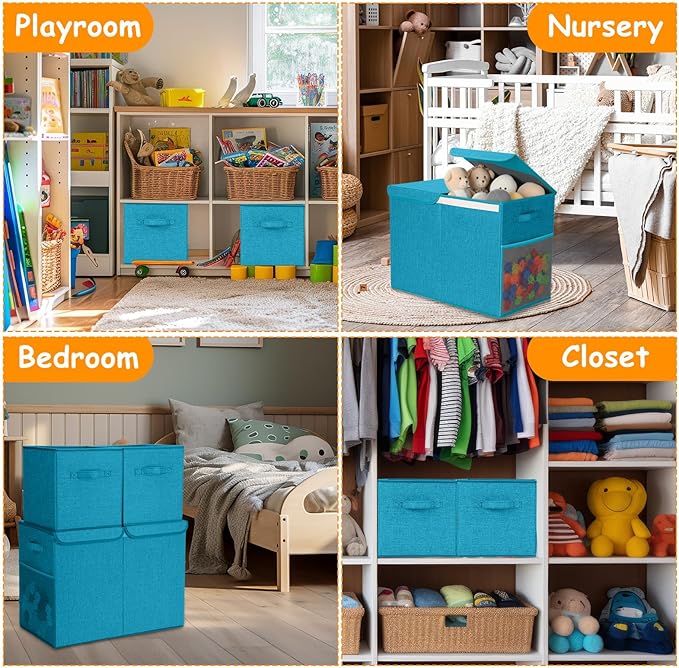 Fiwochic 3 Pack 23" Large Toy Storage Box with 11" Cubes Bins, Collapsible Toy Organizer Chest with Lids for Kids Nursery Playroom Bedroom Living Room Christmas Ornament Storage Box(Blue)