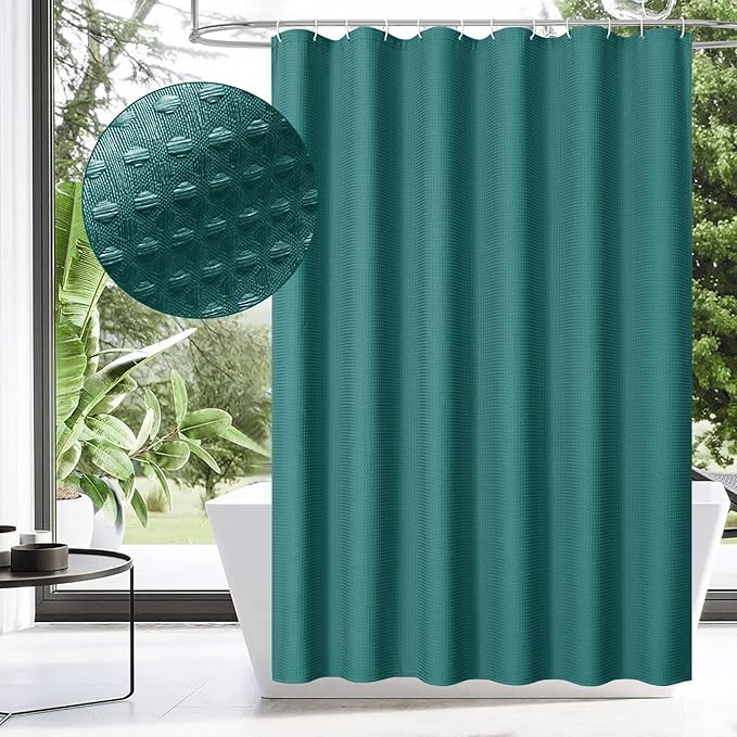 MitoVilla Extra Long Shower Curtain 72 x 84, Emerald Green 84 inch XL Waffle Fabric Shower Curtains for Modern Luxury Bathroom Decor, Waffle Weave Textured Shower Curtain 84 inch, Seaweed Green