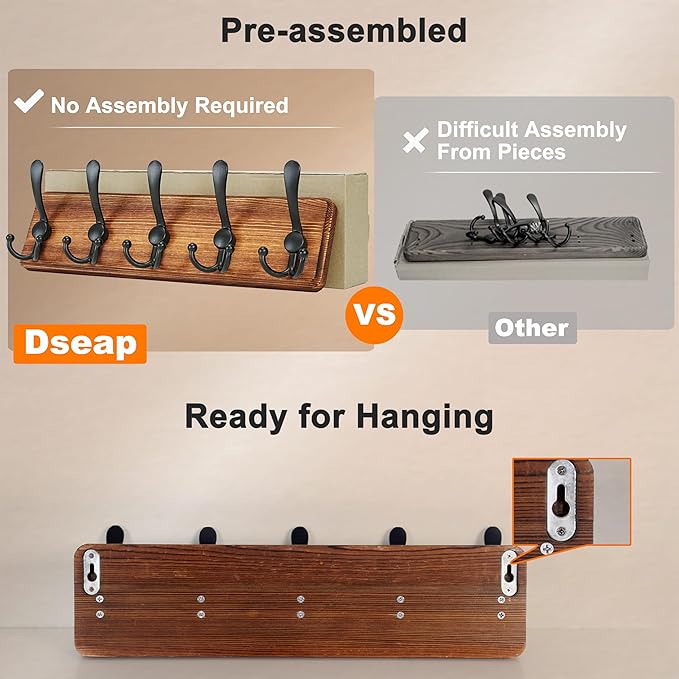 Dseap Coat Rack Wall Mounted - 5 Tri Hooks, Heavy Duty, Wooden Wall Coat Hanger Coat Hook for Clothes Hat Jacket Clothing, Black