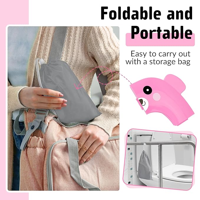 Maliton Travel Potty Training Seat for Toddler, Portable Foldable Potty Seat Cover Fits Round & Oval Toilets, Non-Slip Toilet Seat with Free Travel Bag(Pink Bear)