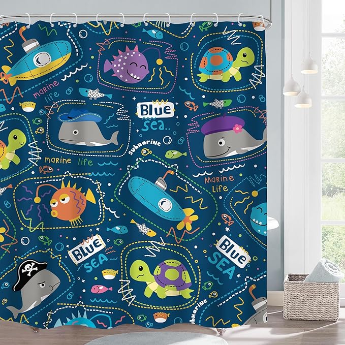 Funny Boys Ocean Shower Curtain 60Wx72H Navy Summer Kids Toddler Nursery Cartoon Sea Animal Cute Fish Fun Underwater Marine Coastal Bathroom Decor Bath Curtain Fabric Polyester 12 Pack Hooks