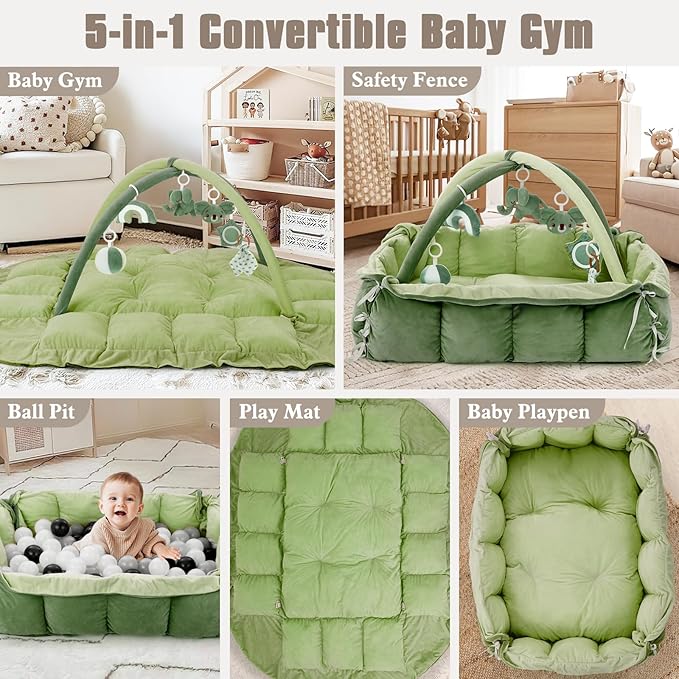5-in-1 Plush Baby Play Gym, Baby Play Mats, Convertible Baby Gym, Tummy time mat, 6 Sensory Toys, Activity Center, Ball Pit, Green