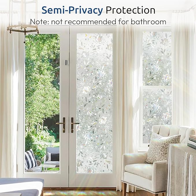 rabbitgoo Window Privacy Film, Decorative Stained Glass Window Film, Sun Blocking Glass Clings, Renter-Friendly Static Cling Frosted Sticker Covering for Home Door, Rainbow Tulip 17.5" x 157.4"