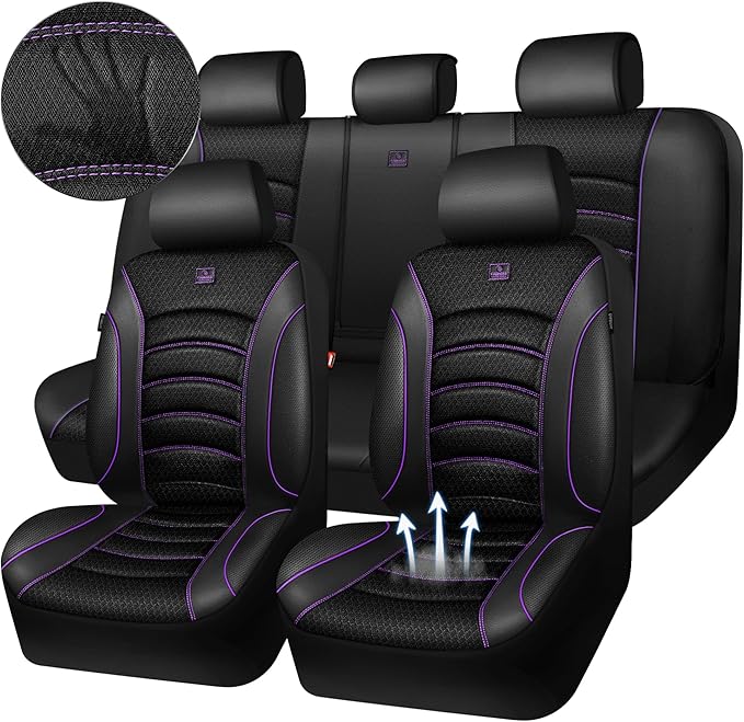 CAR PASS Comfortable 3D Foam Mesh Leather Car Seat Covers Full Sets, Air Cool Mesh Breathable Seat Covers for Car, Universal 5 Seats Fit for SUV Truck Sedan Automotive, Airbag Compatible,Black Purple