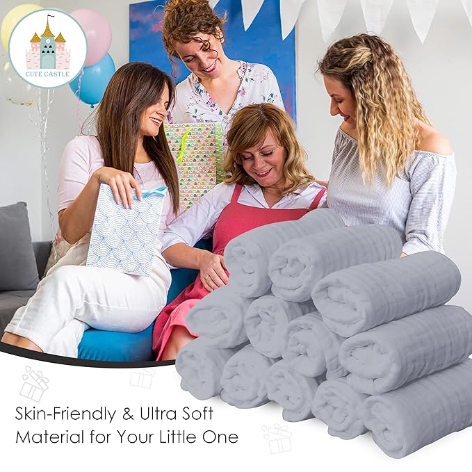 Cute Castle 12 Pack Muslin Baby Washcloths - Large 12'' by 12'' - Ultra Soft 100% Cotton - Super Absorbent Burp Cloths for Unisex, Boy, Girl -Slate