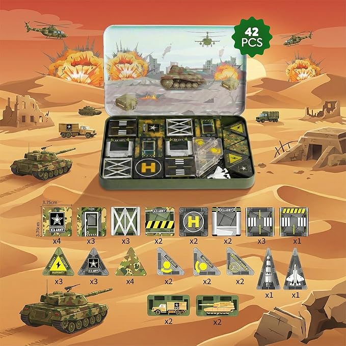 Maginoo 42PCS Mini Magnetic Tiles Army Base Travel Set with Iron Box STEM Educational Military Building Blocks Magnetic Construction Toy for Kids Ages 3 to 8 Creative Gift for Boys and Girls