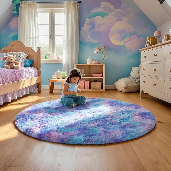 Ophanie Area Rugs for Bedroom Living Room,Color Rainbow Purple,Size 4',Shape Round
